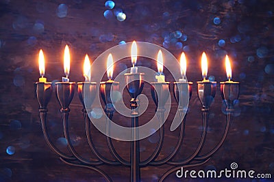 jewish holiday Hanukkah background with menorah & x28;traditional candelabra& x29; and burning candles Stock Photo