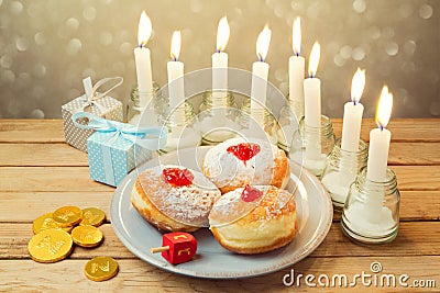 Jewish holiday Hanukkah celebration on wooden table Stock Photo