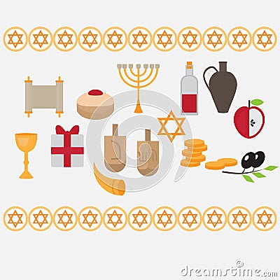 Jewish holiday Hanukkah design elements with traditional donuts, holiday candlestick menora and scroll, horn and wooden spinning t Stock Photo