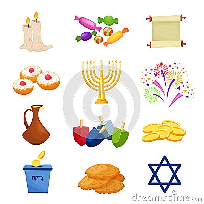 Jewish Holiday Hanukkah icons set. Vector illustration Vector Illustration