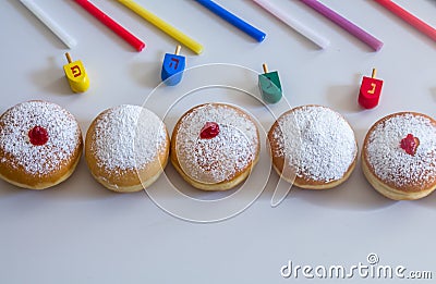 Jewish holiday Hanukkah symbols against white background Stock Photo