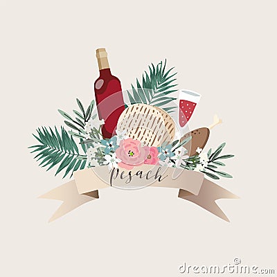 Jewish holiday Pesach, Passover greeting card. Hand drawn ribbon banner with bottle of wine, matzo bread, palm leaves Vector Illustration