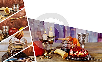 Jewish holiday Rosh Hashana with honey and apples. Shofar and tallit traditional food of jewish New Year celebration Stock Photo