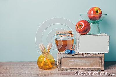 Jewish holiday Rosh Hashana still life with honey, apples and chocolate Stock Photo