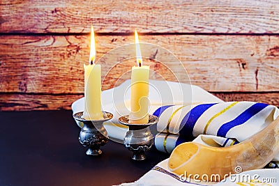 Jewish holiday Sabbath Prayer Shawl Tallit and Shofar horn jewish religious symbol Stock Photo