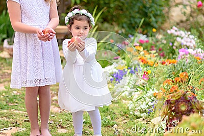 Jewish Holiday Shavuot.Harvest.Two little girls in white dress holds a basket with fresh fruit in a summer garden. Stock Photo