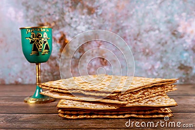 Jewish holiday table for Passover with matzah and cup of kosher wine Stock Photo