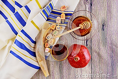 Jewish holiday Tallit apples and pomegranate Rosh Hashana Stock Photo