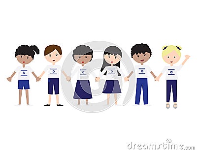 Kids wearing White shirts with Israeli flag and Blue pants or skirts, standing and holding hands Vector Illustration