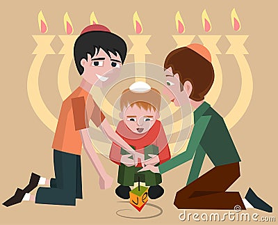 Jewish kids with spinning top, hanukkah symbol Vector Illustration