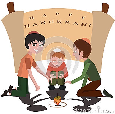 Jewish kids with spinning top, happy hanukkah Vector Illustration