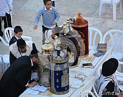 Jewish man celebrate Simchat Torah Editorial Stock Photo