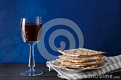 Jewish Matzah bread with wine for Passover holiday Stock Photo