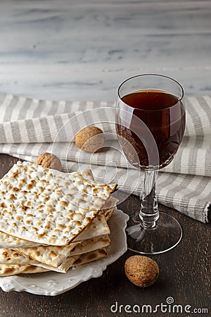 Jewish Matzah bread with wine for Passover holiday Stock Photo