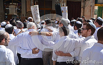 Jewish men celebrate Simchat Torah Editorial Stock Photo