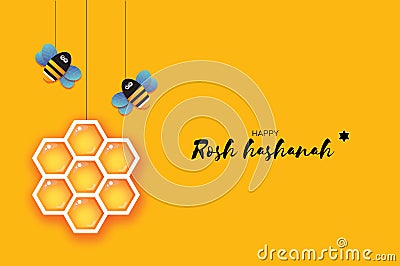 Jewish New Year, Rosh Hashanah Greeting card. Origami Hexagon Honey gold cell and Honey Bee in paper cut style. Happy Vector Illustration