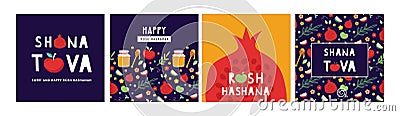 jewish new year, rosh hashanah, greeting card set with traditional icons. Happy New Year. Apple, honey, pomegranate Vector Illustration