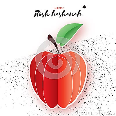 Jewish New Year, Rosh Hashanah. Red Apple with leaf in Paper cut style. Holiday. Vector Vector Illustration