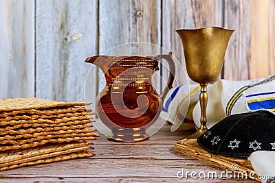 Jewish Matzah bread with wine. Passover holiday with kipah and tallit Stock Photo