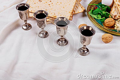 A Jewish Matzah bread with wine. Passover holiday concept Stock Photo