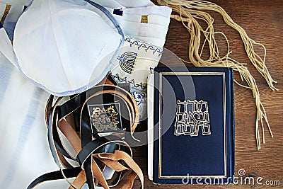 Jewish prayer set: Tanakh Tanach, Tefillin, Kippah Kippa, Tsitsit. Israel Stock Photo