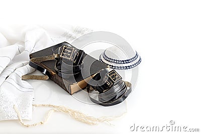 Jewish ritual objects, prayer vestments, Tefillin , Tallit, Kippah and Tora Stock Photo