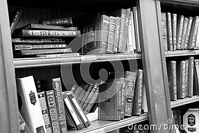 Jewish sacred books Torah on bookshelf library for read prayer at synagogue Editorial Stock Photo