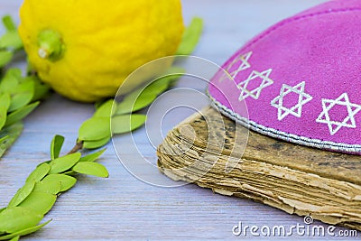 Jewish Symbols holiday of Sukkot in a synagogue Stock Photo