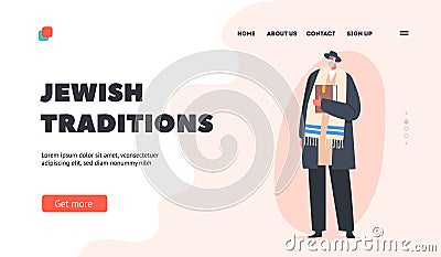 Jewish Traditions Landing Page Template. Senior Man wear National Clothes and Hat Holding Torah Book, Orthodox Jew Vector Illustration