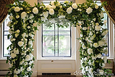 jewish wedding chuppah adorned with white roses and green leaves Stock Photo