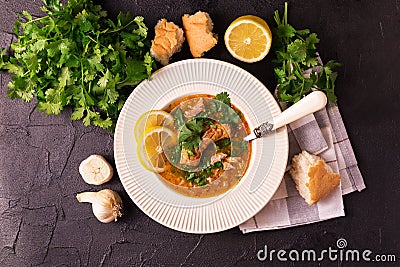 Jewish wedding and holyday Yemenite beef soup Marak Temani Stock Photo