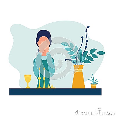 Jewish woman lighting candles Vector Illustration