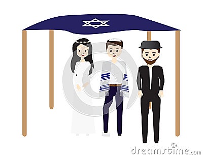 Jewish Wedding Bride, Groom Breaking a Glass,, Chuppah and Rabbi in White Background Vector Illustration