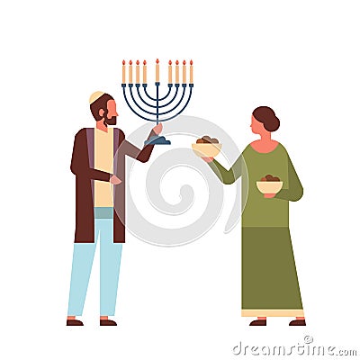 Jews couple holding menorah jewish man woman in traditional clothes standing together happy hanukkah judaism religious Vector Illustration