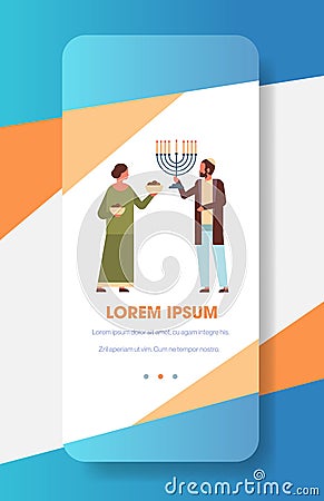 Jews couple holding menorah jewish man woman in traditional clothes standing together happy hanukkah judaism religious Vector Illustration