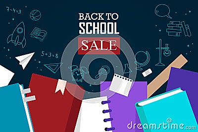 Back to school sale banner. Books, notebooks and textbooks. Background with text. Vector illustration Cartoon Illustration