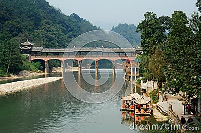 Jie Zi Ancient Town, China: Covered Bridge Editorial Stock Photo