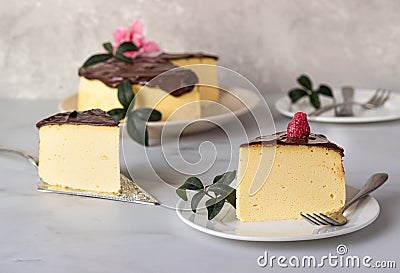 Jiggly and fluffy Japanese cotton souffle cheesecake decorated with chocolate glaze on ceramic plate. Stock Photo