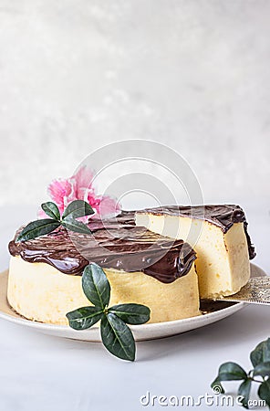 Jiggly and fluffy Japanese cotton souffle cheesecake decorated with chocolate glaze on ceramic plate. Stock Photo