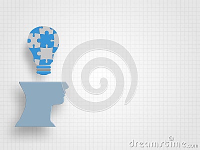 Jigsaw in the lightbulb shape above human model head on grid background represent new idea and innovation concept. Cartoon Illustration