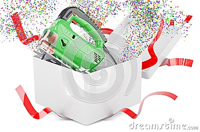 Jigsaw power inside gift box, present concept. 3D rendering Stock Photo