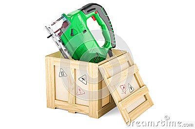 Jigsaw power inside wooden box, delivery concept. 3D rendering Stock Photo