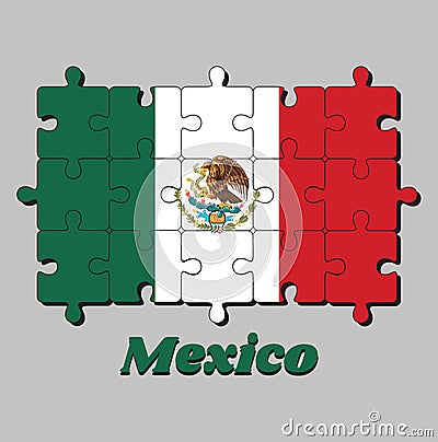 Jigsaw puzzle of Mexico flag and the country name, a vertical tricolor of green white and red with the nation Coat of Arms Vector Illustration