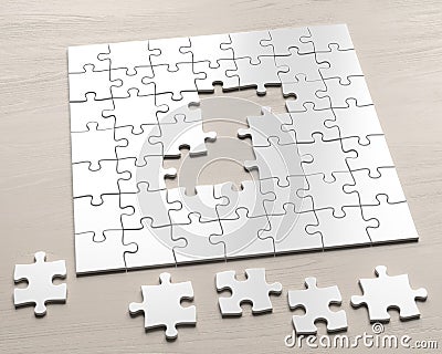 Jigsaw puzzle with missing pieces. 7x7 white puzzle mockup. Stock Photo