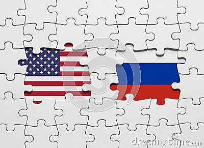 Jigsaw puzzle with the national flags of United States of America and Russia. International conflict and power struggle Stock Photo