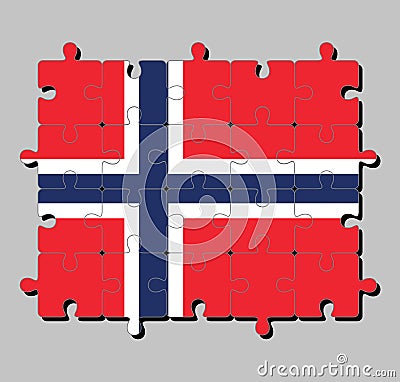 Jigsaw puzzle of Norway flag in a white-fimbriated blue Nordic cross on a red field. Vector Illustration