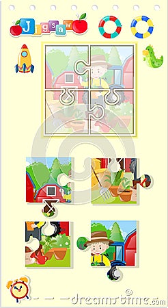 Jigsaw puzzle pieces of farmer in the farm Vector Illustration
