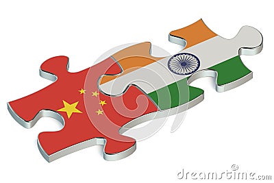 Jigsaw puzzle pieces, flag of China and flag of India Stock Photo