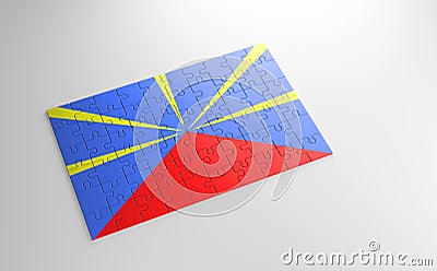 A jigsaw puzzle with a print of the flag of Reunion, pieces of the puzzle isolated on white background. Fulfillment and perfection Cartoon Illustration