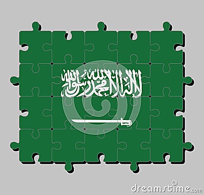 Jigsaw puzzle of Saudi Arabia flag in a green field with the Shahada or Muslim creed written in the Thuluth script above a saber. Vector Illustration